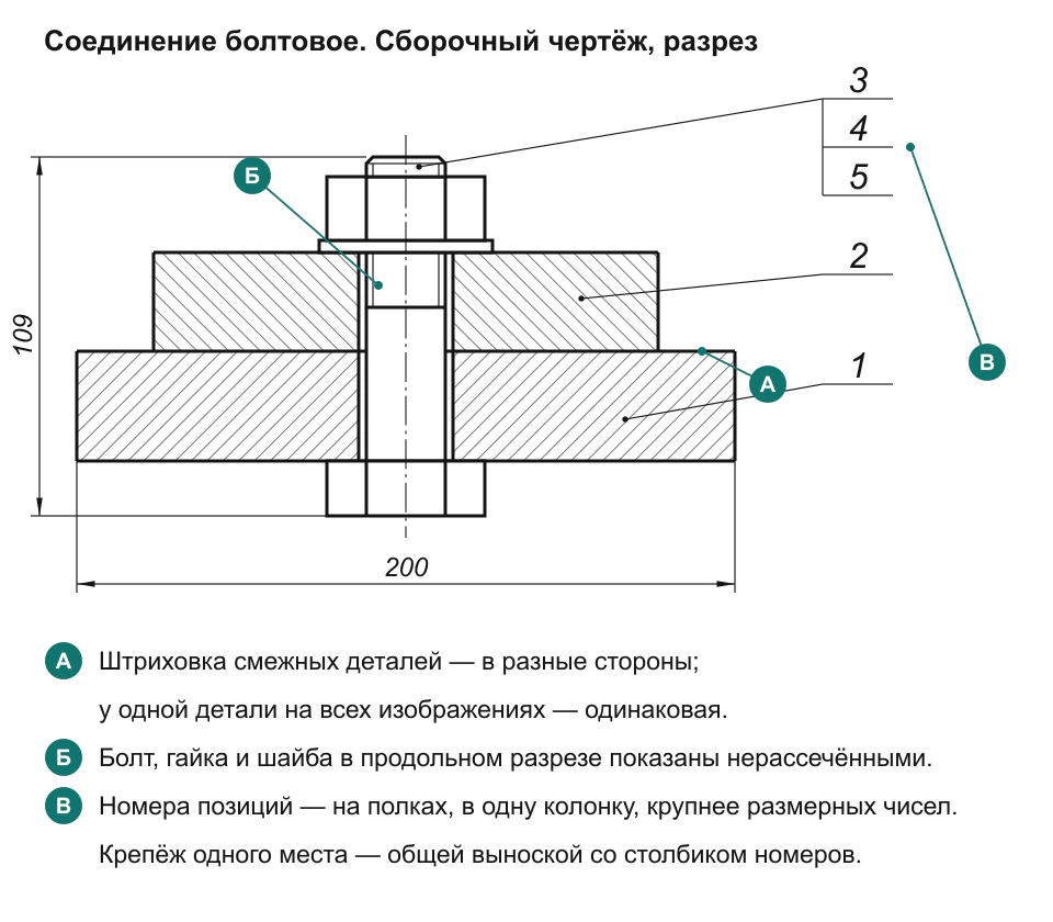Учебный сборочный чертёж болтового соединения в разрезе: номера позиций 1–5 на полках линий-выносок выстроены в колонку, крепёж — болт, гайка и шайба — выведен общей выноской